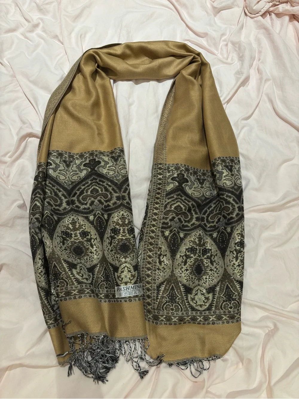 pashmina Tan and Gray Paisley Fringe Wrap